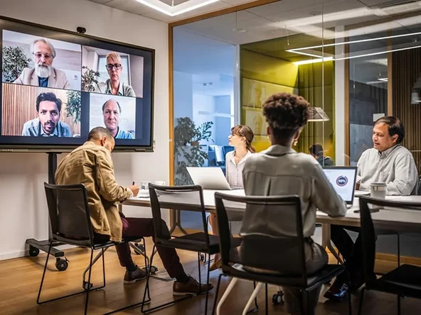 Business people video conferencing in board room